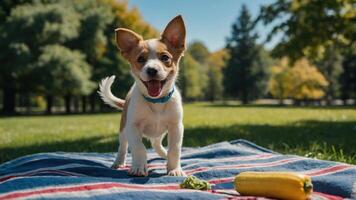 A playful puppy stands on a blanket in a park, surrounded by greenery and a vegetable. photo