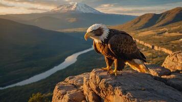 A majestic eagle perched on a rocky ledge with a mountain backdrop at sunset. photo