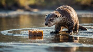 An otter approaches a block of food in a serene water setting. photo