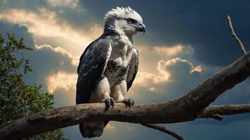 A majestic bird perched on a branch against a dramatic sky backdrop. photo