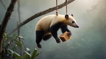 A panda hanging from a branch, holding a piece of bread in a misty forest setting. photo