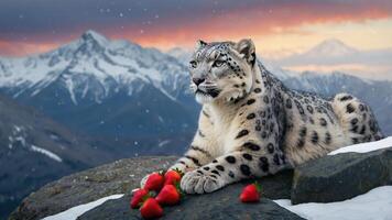 A snow leopard rests on a rock surrounded by strawberries against a mountainous backdrop. photo