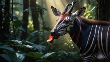 A close-up of an okapi in a lush jungle, enjoying a piece of fruit. photo