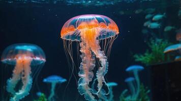 A mesmerizing underwater scene featuring glowing jellyfish in a serene aquarium setting. photo