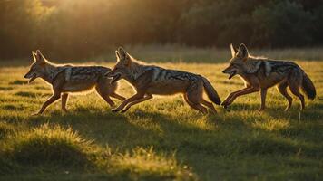 Three coyotes running through a sunlit grassy field. photo