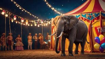 An elephant stands in front of a colorful circus tent, surrounded by performers and lights. photo