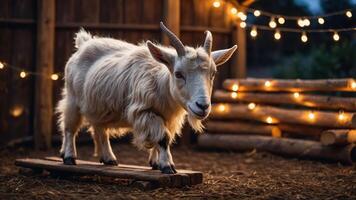 A fluffy goat stands on a wooden platform surrounded by warm string lights in a cozy setting. photo