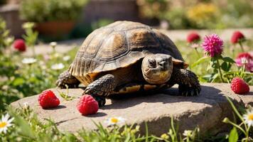 A tortoise resting on a stone surrounded by flowers and raspberries in a garden setting. photo