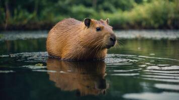 A capybara wades through water, creating ripples in a serene natural setting. photo