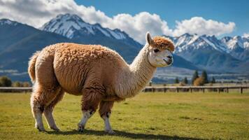 An alpaca stands in a grassy field with mountains in the background under a blue sky. photo