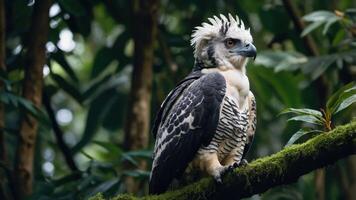 A majestic bird perched on a mossy branch in a lush forest environment. photo