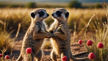 Two meerkats standing upright, seemingly engaged in a playful interaction in a grassy field. photo