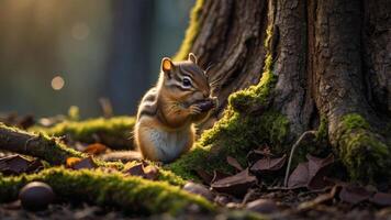 A chipmunk nibbling on food by a tree, surrounded by moss and fallen leaves. photo