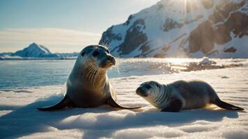 Two seals resting on snow with a scenic backdrop of mountains and water. photo