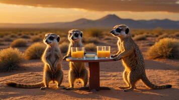 Three meerkats enjoying drinks at a small table in a desert landscape during sunset. photo