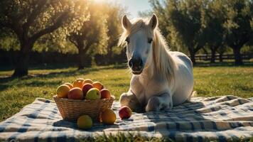 A white pony rests on a blanket near a basket of apples in a serene outdoor setting. photo