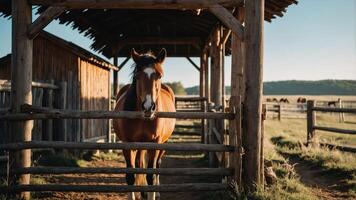 A horse stands in a rustic barn setting, framed by wooden structures and a serene landscape. photo