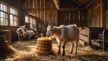 A goat enjoying a stack of cakes in a rustic barn setting. photo
