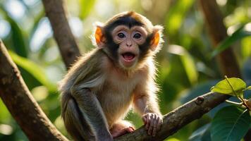 A playful monkey sitting on a branch, expressing excitement in a lush green environment. photo