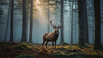 A majestic stag stands in a misty forest, illuminated by soft sunlight. photo