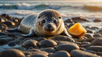A seal resting on stones by the shore, with an orange slice beside it. photo
