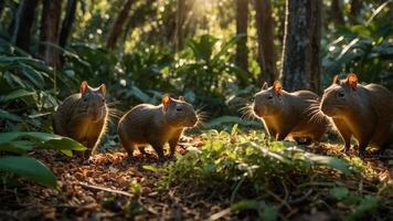 Four small animals in a lush forest setting, illuminated by soft sunlight. photo