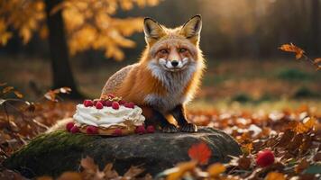 A fox sits on a rock beside a cake adorned with raspberries in a vibrant autumn setting. photo