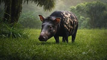 A close-up of a black and spotted animal grazing in a lush, green environment. photo