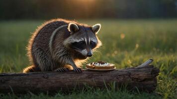 A raccoon curiously approaches a dessert on a log in a grassy field at sunset. photo