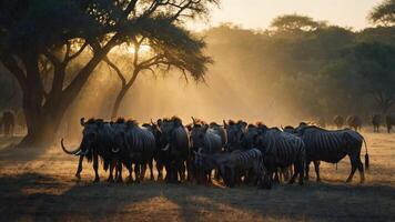 A herd of wildebeest gathered under trees during a golden hour, illuminated by soft sunlight. photo