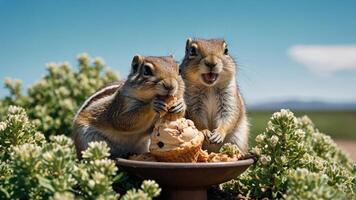 Two squirrels enjoying ice cream in a sunny outdoor setting. photo