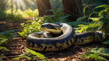 A close-up of a coiled snake resting on the forest floor amidst greenery. photo