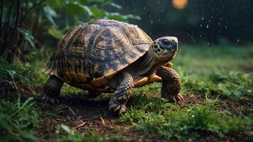A turtle walking on wet ground amidst greenery in a natural setting. photo