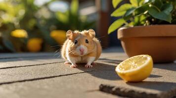 A cute hamster exploring a sunny outdoor setting with a lemon slice nearby. photo