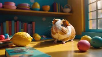A cute guinea pig sits on a colorful table surrounded by books, a lemon, and decorative eggs. photo