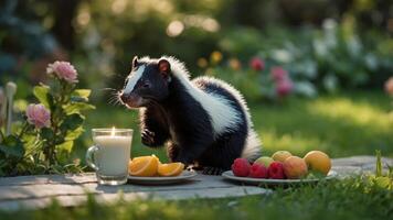 A skunk enjoying a picnic with fruits and a glass of milk in a garden setting. photo