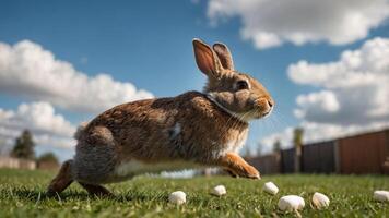 A rabbit leaps across a grassy field under a blue sky with fluffy clouds. photo