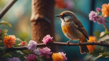A colorful bird perched on a branch adorned with vibrant flowers in a serene setting. photo