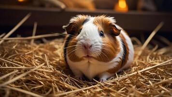 A cute guinea pig resting on straw, showcasing its fluffy fur and curious expression. photo