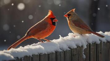 Two cardinals perched on a snowy fence in a serene winter setting. photo