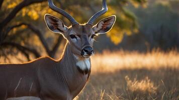 A close-up of an antelope in a sunlit grassland, showcasing its majestic features. photo