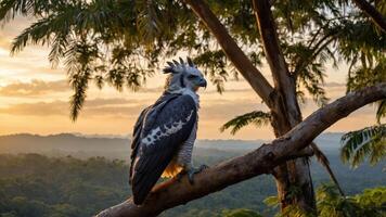 A majestic bird perched on a branch at sunset, overlooking a lush landscape. photo