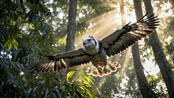 A majestic eagle soars through a sunlit forest, showcasing its wingspan and beauty. photo