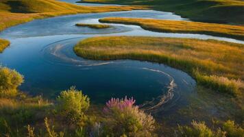 A serene river meanders through lush green fields, adorned with vibrant flowers under a clear sky. photo