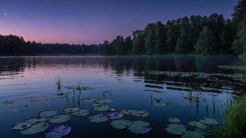 A serene lake at dusk, surrounded by trees and lily pads, reflecting a peaceful atmosphere. photo
