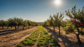 A sunlit orchard with rows of olive and pomegranate trees under a clear blue sky. photo