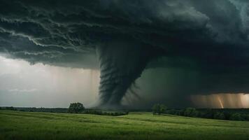 A dramatic tornado descends from dark storm clouds over a green landscape, highlighting nature's power. photo
