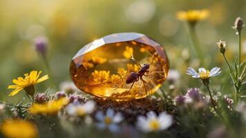 A beautiful amber gemstone with an ant inside, surrounded by vibrant wildflowers in a sunny field. photo