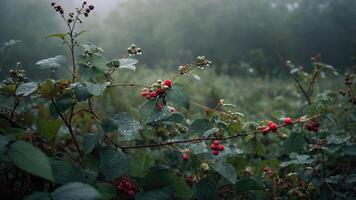 A close-up of a misty landscape featuring red berries and lush green leaves, evoking a serene natural atmosphere. photo