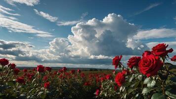 A vibrant field of red roses under a dramatic sky filled with clouds. photo